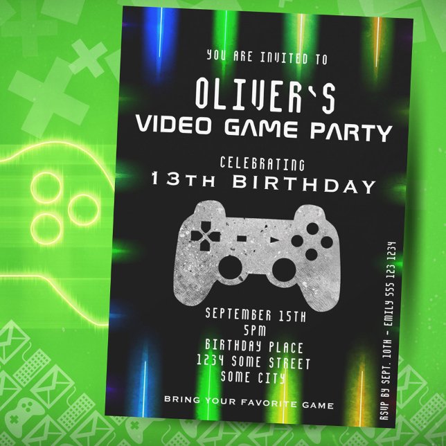 TV-spel Födelsedagsfest Kontroller Neon Spel Födel Inbjudningar (Skapare uppladdad)