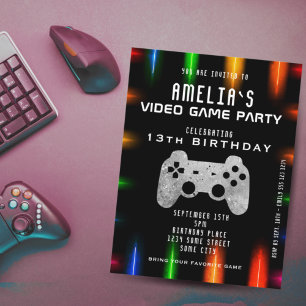 TV-spelspartykontroll Neon-spel Födelsedag Inbjudningar