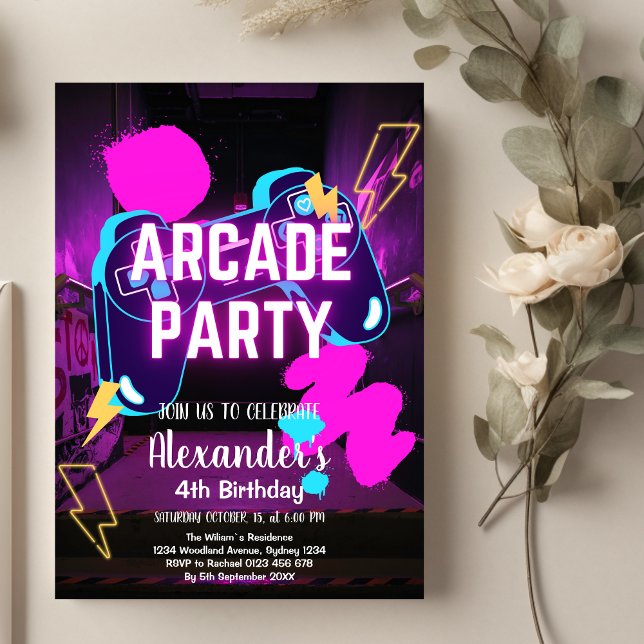 TV-spelspartykontroll Neonspel Födelsedag Inbjudningar (Skapare uppladdad)