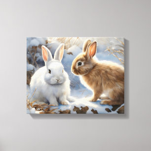 Två Adsible Bunny Rabbits Brown och White i Snö Canvastryck