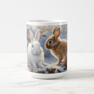 Två Adsible Bunny Rabbits Brown och White i Snö Kaffemugg
