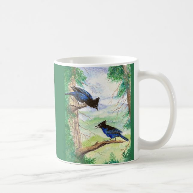 Två akvarell Stellar Jay Fåglar Skogsträd  Kaffemugg (Höger)