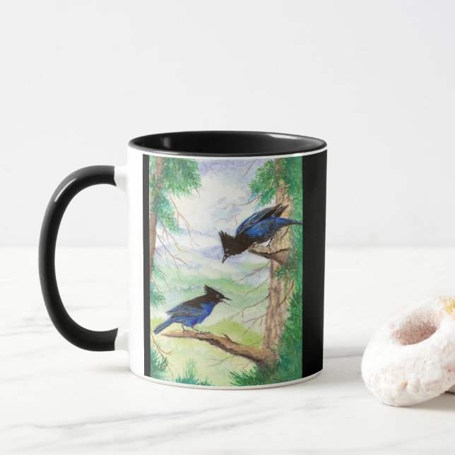 Två akvarell Stellar Jay Fåglar Skogsträd  Mugg (Med munk)