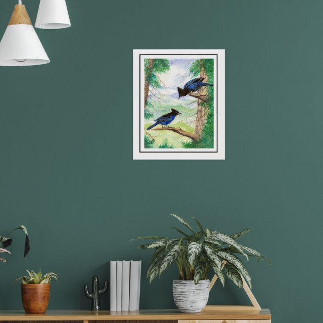 Två akvarell Stellar Jay Fåglar Skogsträd  Poster (Vardagsrum 1)