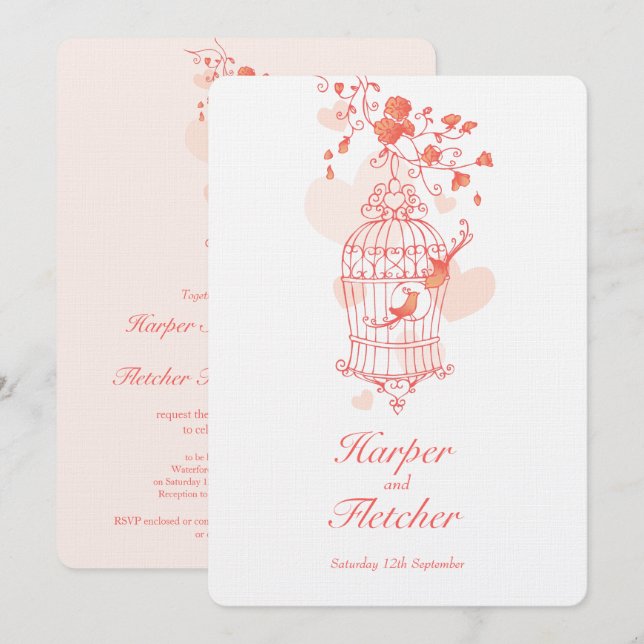 Två älskande fåglar öppnar fågelbur fågelbröllop k inbjudningar (Fram/baksida)