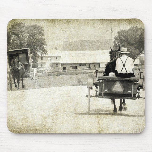 Två Amish Buggies Sepia Rural Road Musmatta (Framsidan)