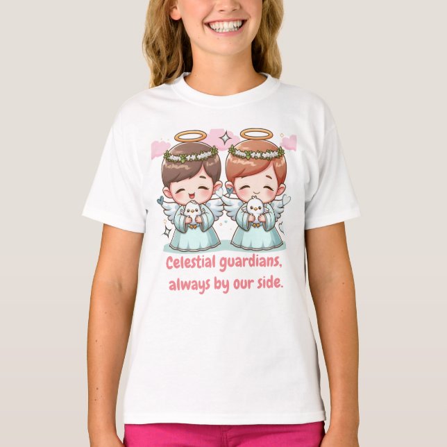 Två änglar, himmelska väktare. t shirt (Framsida)