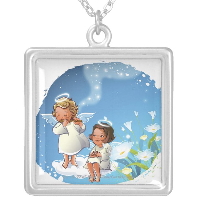 Två änglar som sitter på molnen silverpläterat halsband (Framsidan)