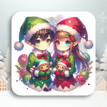 Två Anime Elves | Cute-jul Fyrkantigt Klistermärke<br><div class="desc">Julklistermärken. En söt pojke och tjej som håller leksak. En söt vattenfärgad julbild av stil-animet.</div>