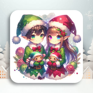 Två Anime Elves Cute-jul Fyrkantigt Klistermärke