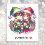 Två Anime Elves | Cute-jul Klistermärken<br><div class="desc">Juldekal. En söt pojke och tjej som håller leksak. En söt vattenfärgad julbild av stil-animet.</div>