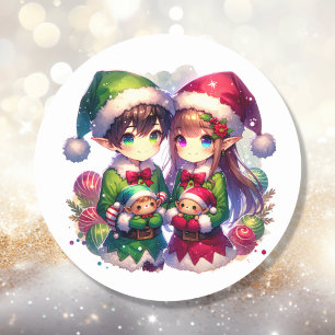Två Anime Elves Cute-jul Runt Klistermärke