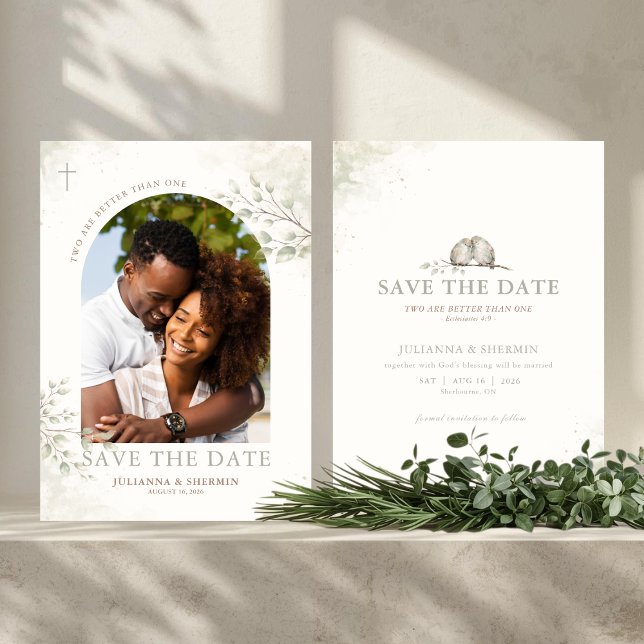 Två är bättre än en kristet datum för ankomst  inbjudningar (Religious Save The Date Photo Card)