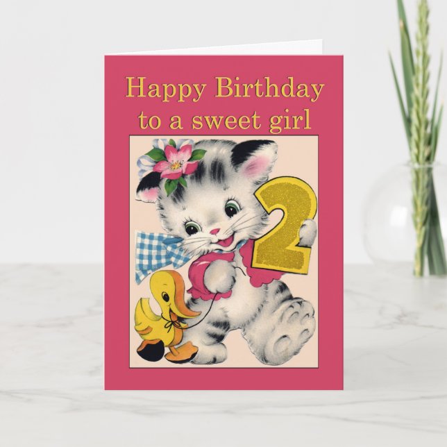 Två år gammal flicka, Birthday Card, katt och anka Kort (Framsida)
