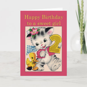 Två år gammal flicka, Birthday Card, katt och anka Kort