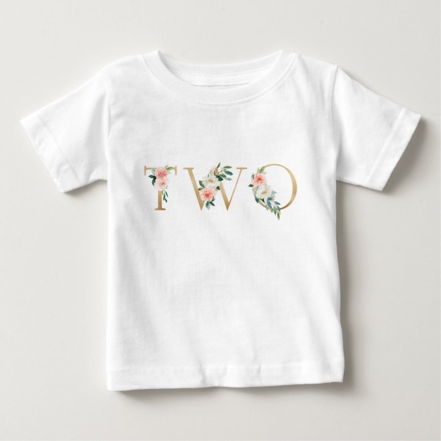 Två år gammal guld och  blommigt alfabetisk t shirt (Framsida)