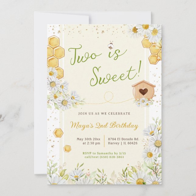 Två är Sweet Bumblebee 2:a födelsedagen Party Inbjudningar (Framsida)