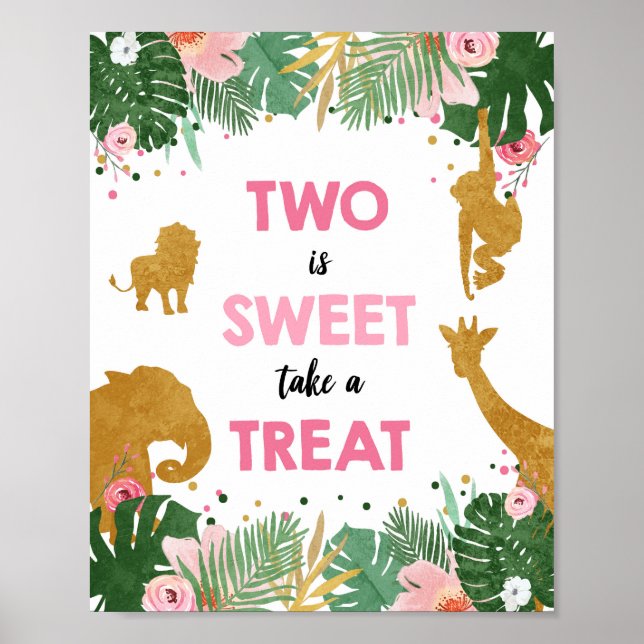 Två är Sweet Safari Animals Birthday Sign Poster (Framsidan)