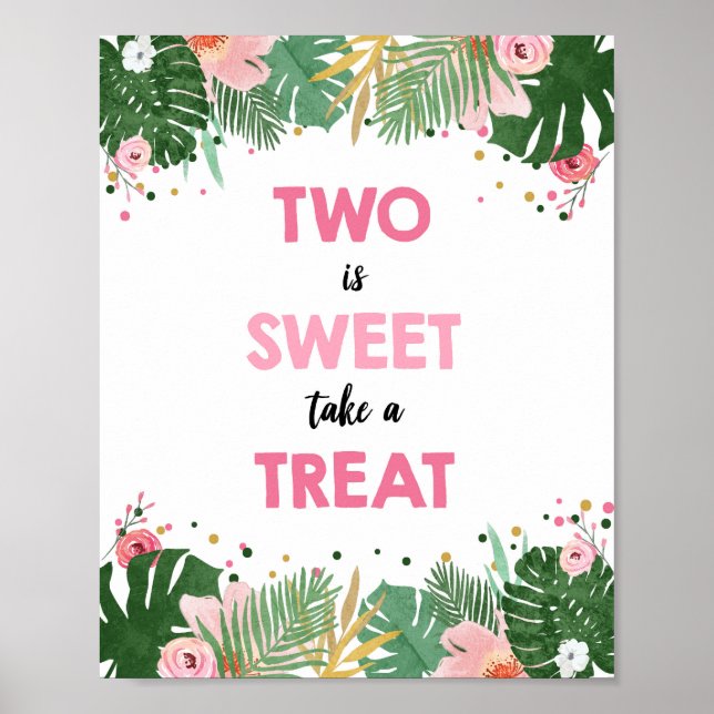 Två är Sweet Tropical Safari Girl Birthday Sign Poster (Framsidan)