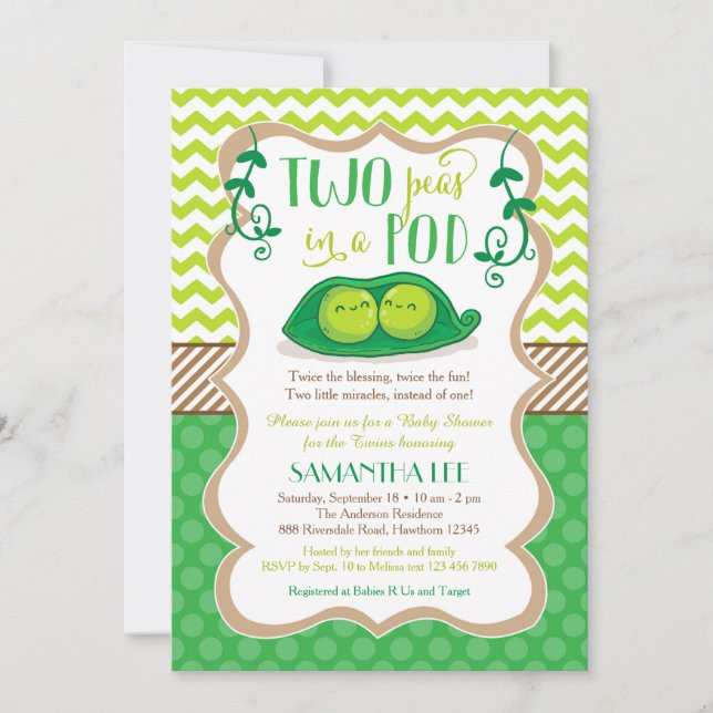 Två ärtor i en balja baby shower, tvilling inbjuda inbjudningar (Framsida)