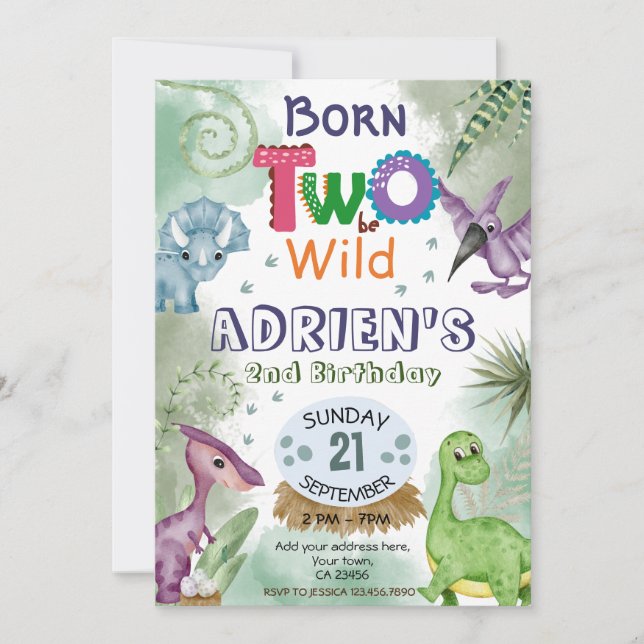 TVÅ att bli VILD Dinosaur Theme Födelsedagsfest In Inbjudningar (Framsida)