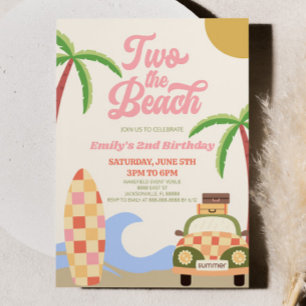 Två av Beach-Surfans Rosa Retro 2:a födelsedag Par Inbjudningar
