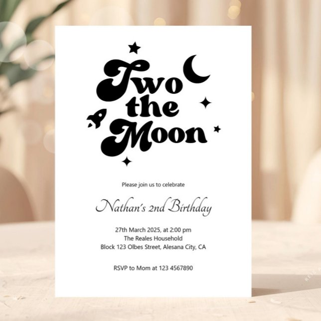 Två av den minimalistiska andra födelsedagsinbjuda inbjudningar (Minimalist Outer Space 2nd Birthday, Editable Minimalist Two the Moon Birthday Invitation, Boy or Gi)