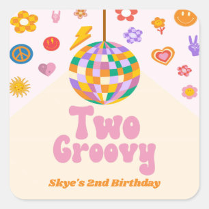 Två av Groovy Disco Boll 2:a födelsedagspartiets f Fyrkantigt Klistermärke