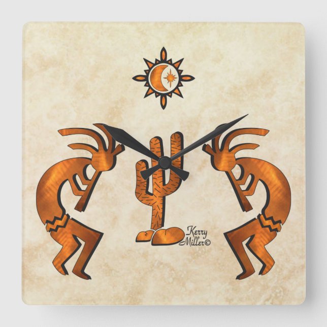 Två av sydvästra Kokopelli Square Wall Clock Fyrkantig Klocka (Framsida)