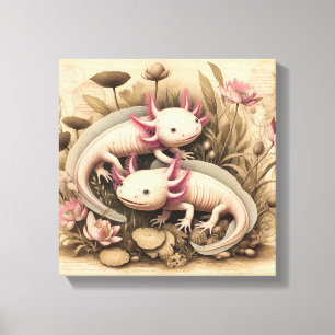 Två Axolotler med Vintage Botanisk Touch Canvastryck