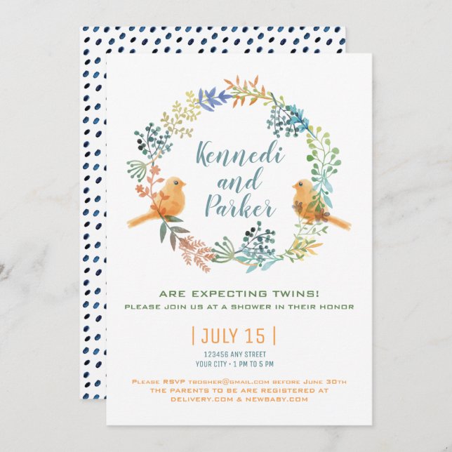 Två Baby-fåglar och blommor, babyskor Inbjudningar (Fram/baksida)