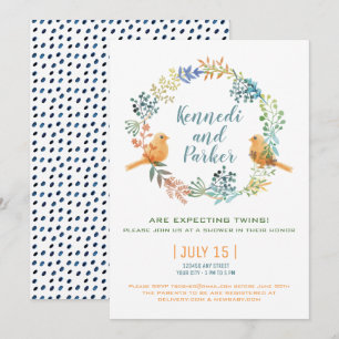 Två Baby-fåglar och blommor, babyskor Inbjudningar