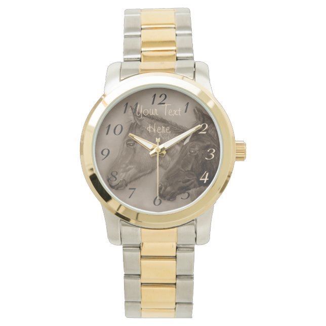 Två baby-hästar, svart fosterfolie, kastanjal, por armbandsur (Framsida)