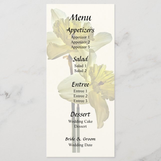 Två bakgrundsbelysta Daffodils Bröllop Menu Meny (Framsida)