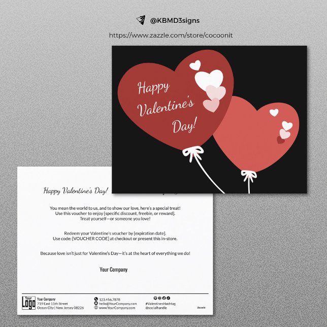 Två ballonger Glad Alla hjärtans dag-kupongkort Helg Vykort (Two Balloons Happy Valentine's Day Voucher Card, Small Business Marketing Item)