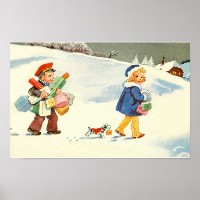 Två barn och en hund i snön poster (Framsidan)