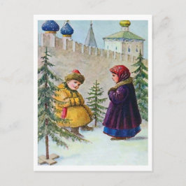 Två barn och julgranar under väggarna vykort