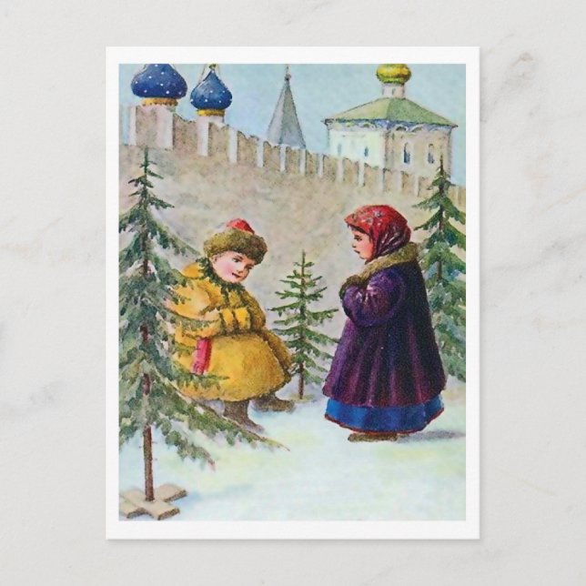 Två barn och julgranar under väggarna vykort (Framsida)