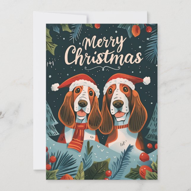 Två Basset Hound God jul Julkort (Framsida)