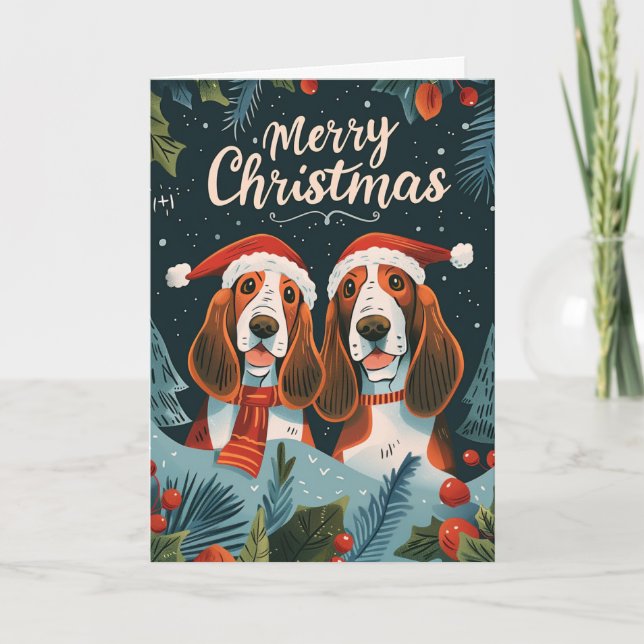 Två Basset Hound God jul Personlig Helgkort (Framsida)