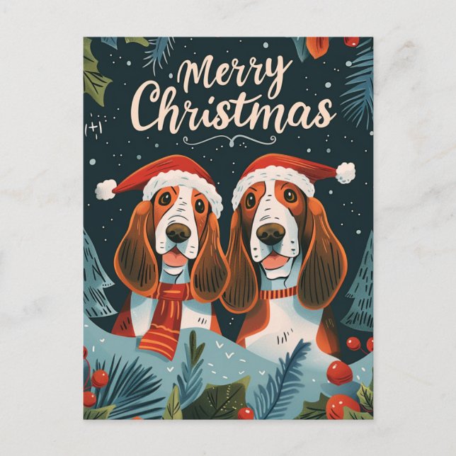 Två Basset Hound God Jul  Vykort (Framsida)