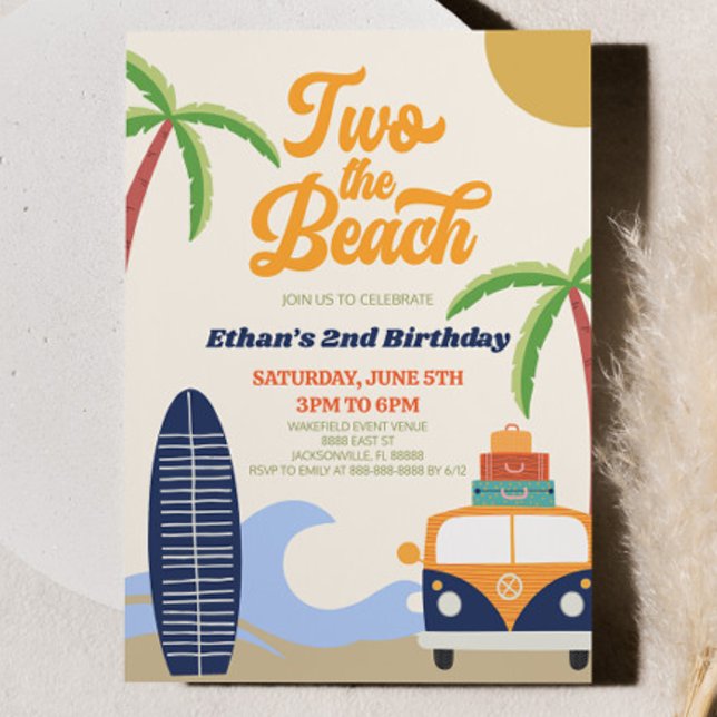Två Beach Surfa Blue Retro 2:a födelsedagen Party Inbjudningar (Skapare uppladdad)