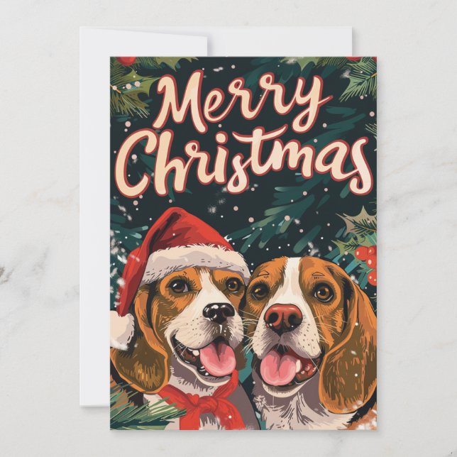 Två Beagle God jul Julkort (Framsida)