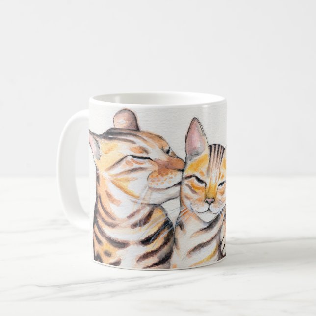 Två bengal-vattenfärgsbilder för katter kaffemugg (Framsida vänster)