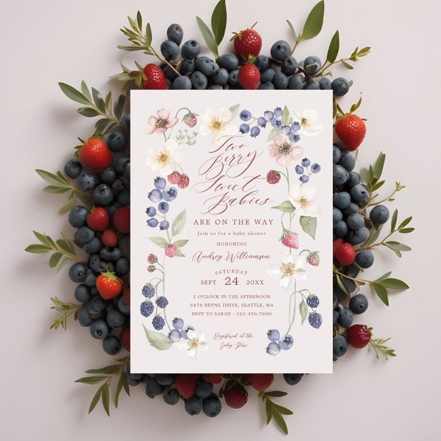 Två Berry Sweet Spädbarn Berries & Flowers Shower Inbjudningar (Two Berry Sweet Babies Berries & Flowers Shower Invitation)
