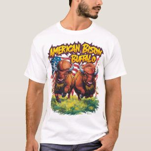 Två Bison som står inför amerikansk Flagga T Shirt