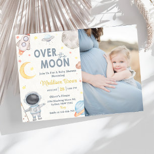 Två blå babyskor Party i Måne Rymden Inbjudningar