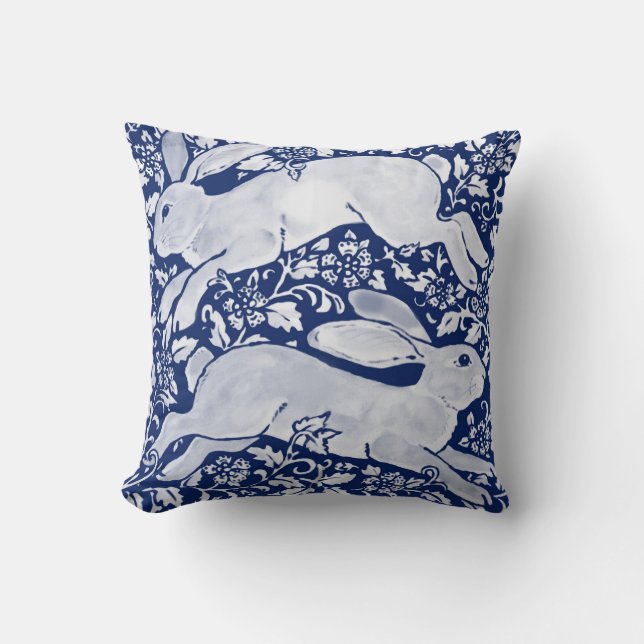 Två bläckande kaniner Hares Blue-Blommönster Kudde (Framsida)