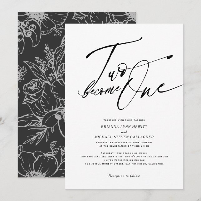 Två blir en modern kallgrafi, svart och vitt  inbjudningar (Fram/baksida)