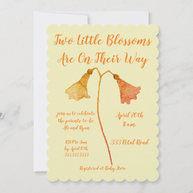 Två Blommars Orange Blommor Twillingar Babykläder Inbjudningar (Framsida)